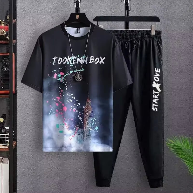 Summer Lightweight Ice Silk Gradient Set Men'S Short Sleeve T-Shirt Casual Shorts Sport Two-Piece Set Stylish Men'S Wear